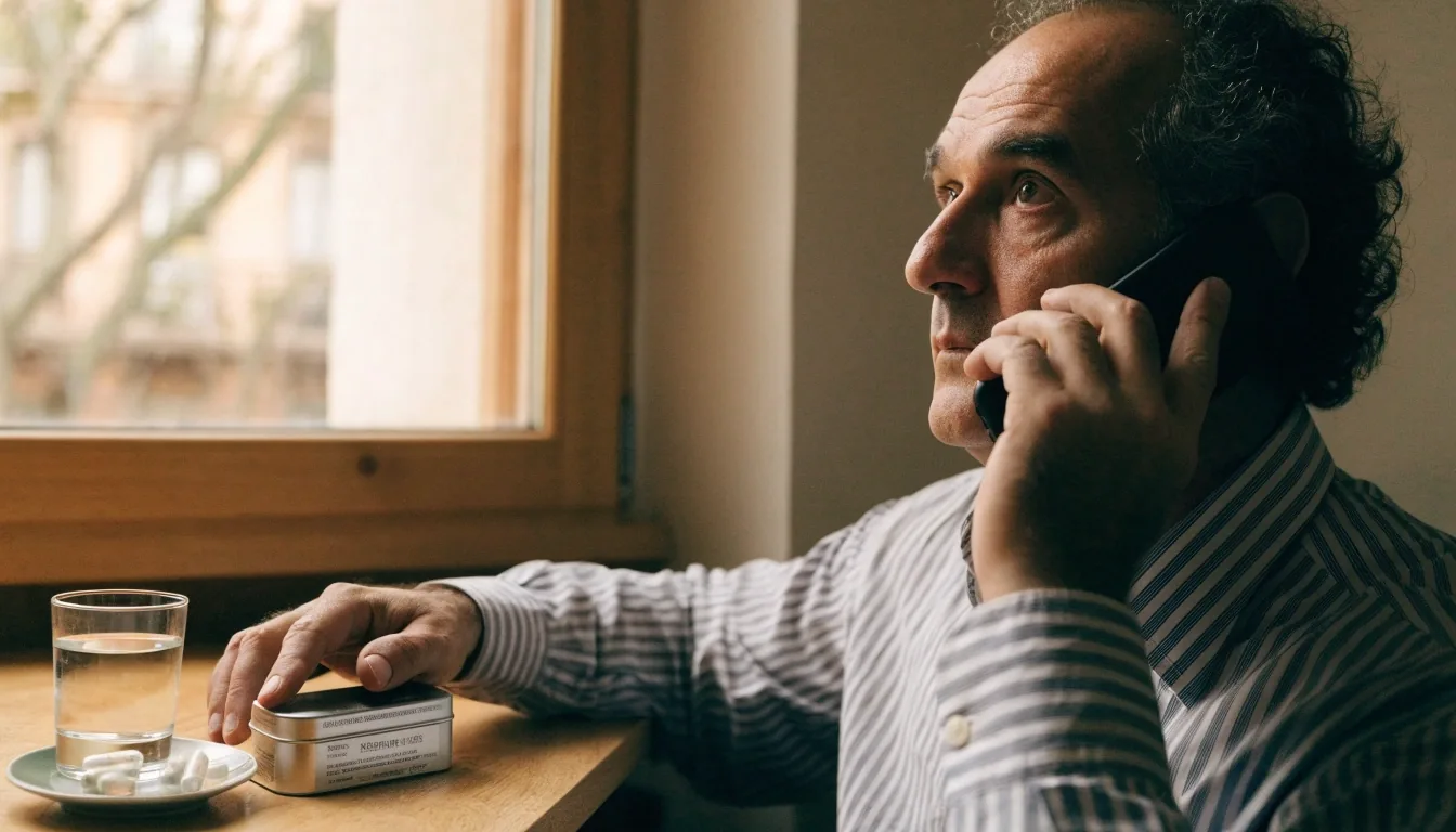 HombrePlus atención al cliente: un hombre revisa la información de un suplemento en su cocina