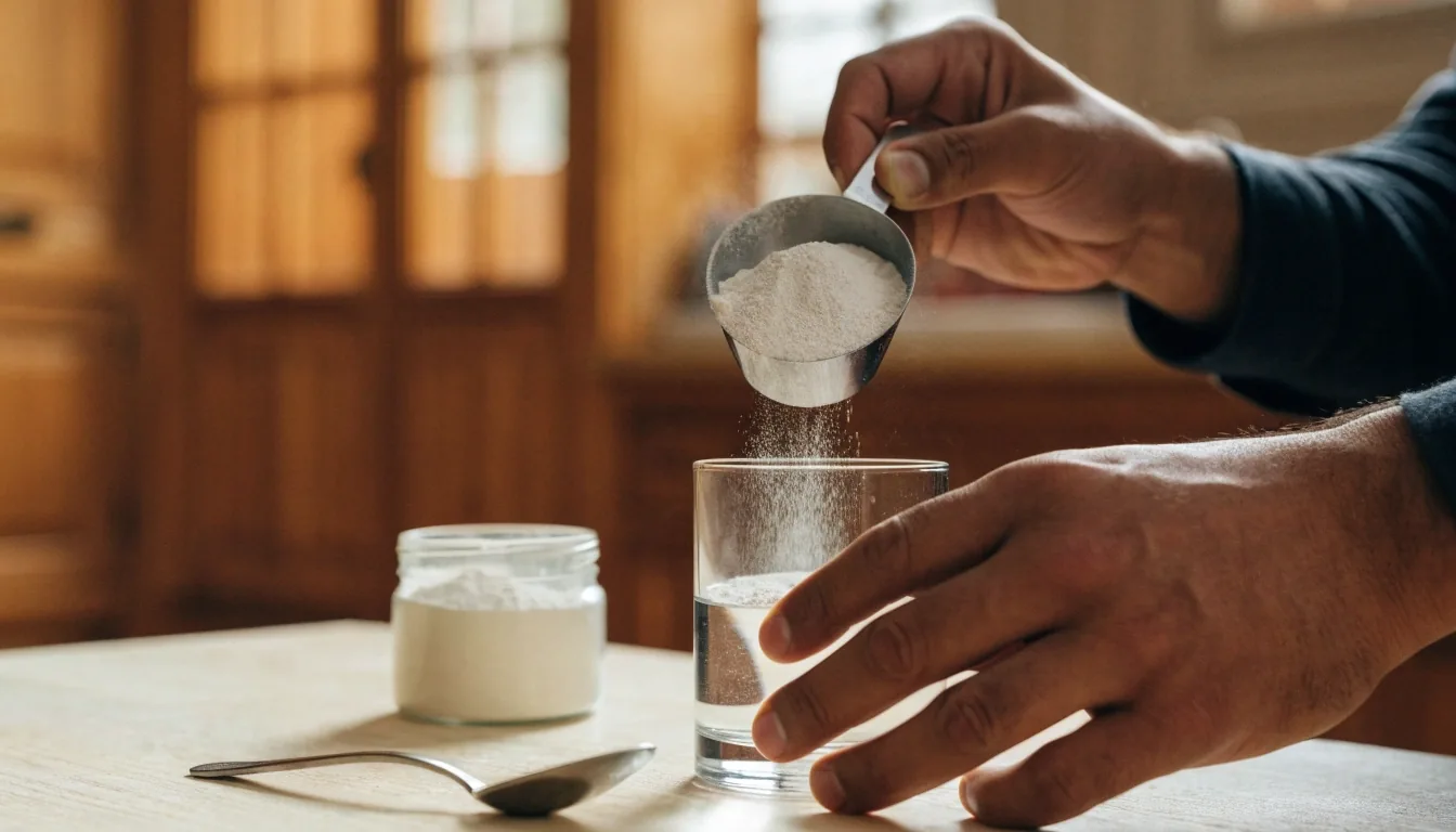 Hombre estirando en casa tras entrenar, junto a un vaso de agua y un bote de polvo sin etiqueta