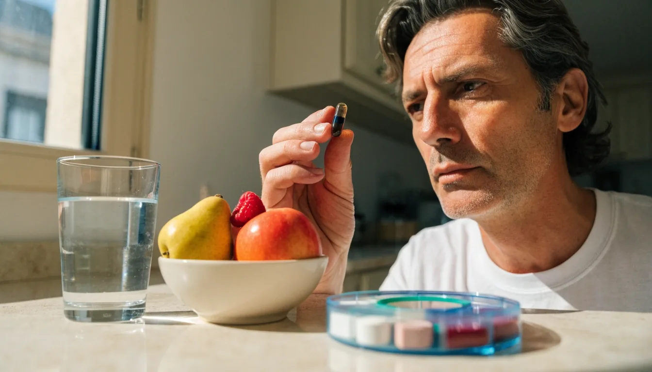 Fórmulas de vitaminas y minerales para hombres sobre una mesa de casa