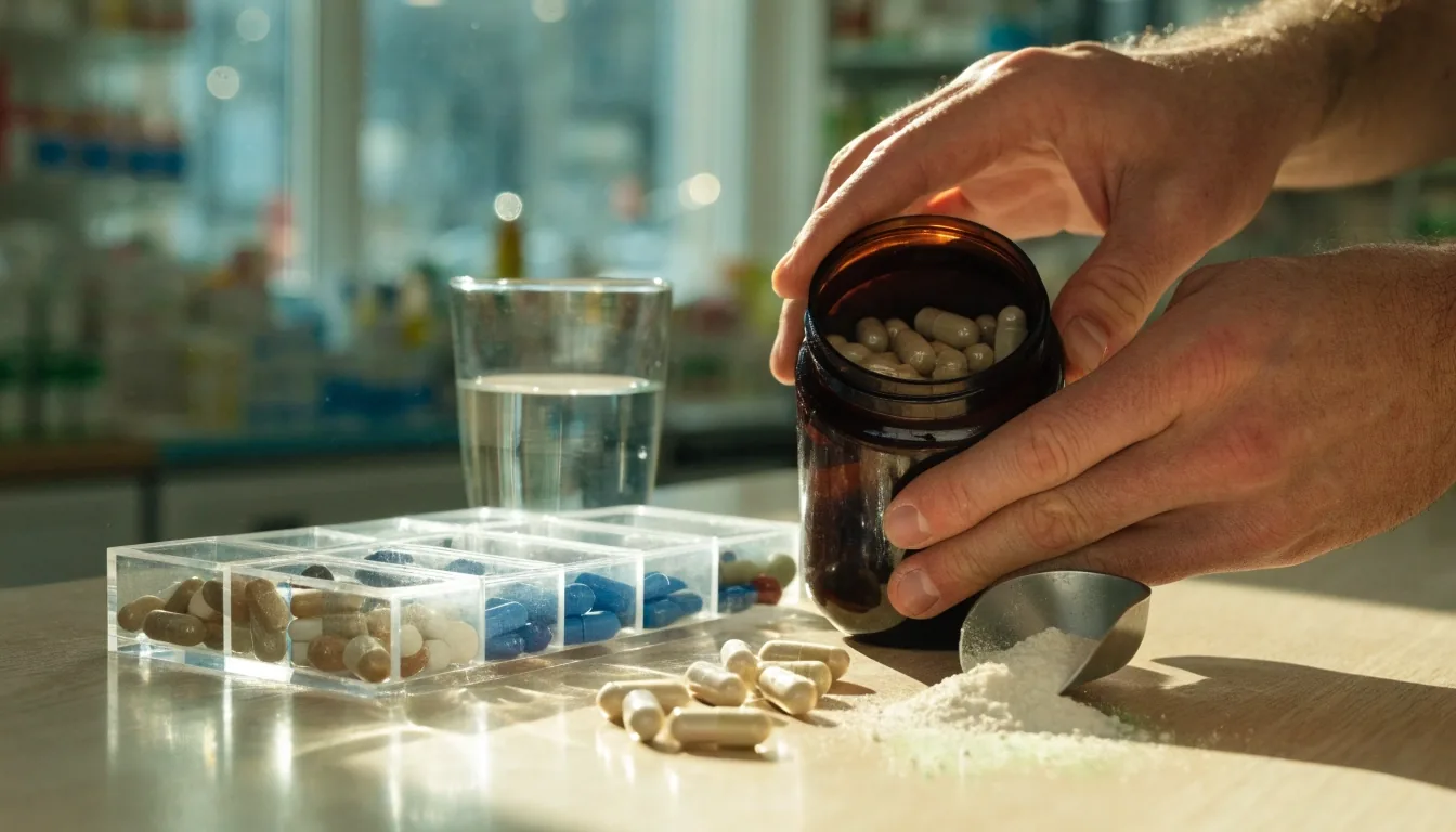 Suplementos naturales para hombres dispuestos en el mostrador de una farmacia
