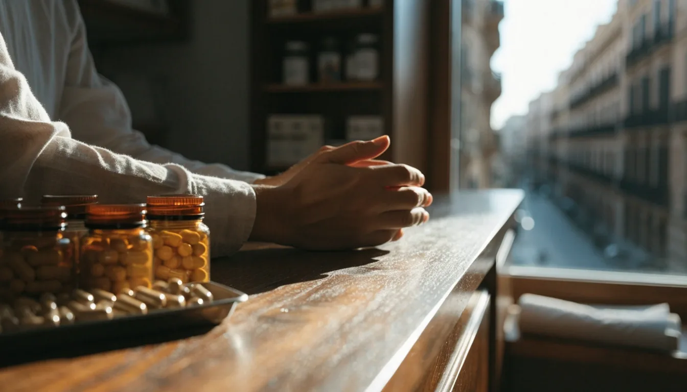 Rincón de consulta con frascos de suplementos sobre un mostrador de madera bajo luz cálida