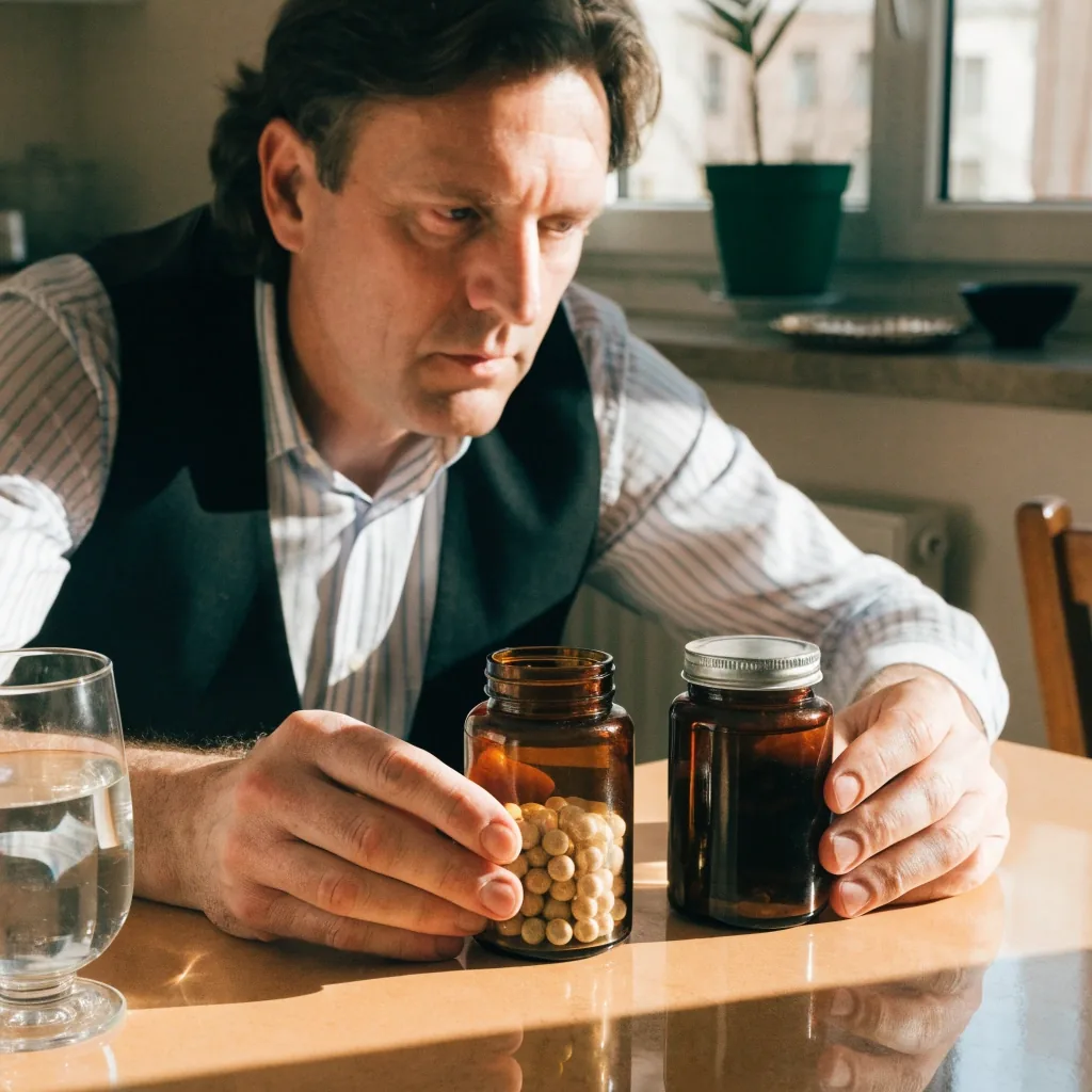 Hombre comparando frascos de suplementos naturales sobre la mesa de su cocina