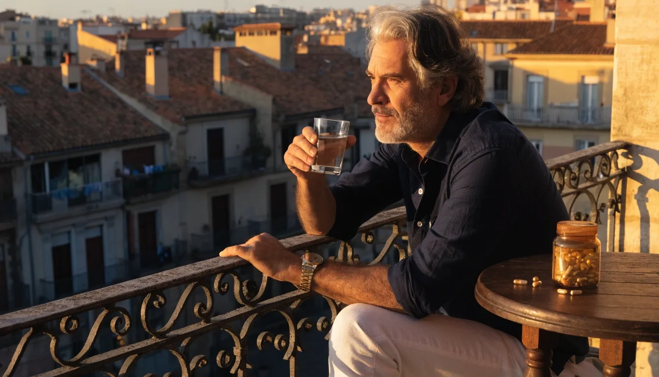 Hombre en el balcón de un piso de Barcelona al atardecer con un vaso de agua sobre la barandilla