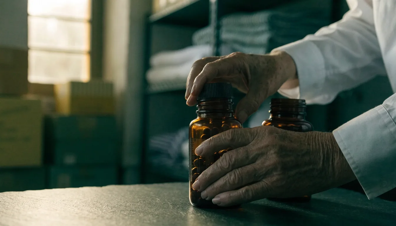 Manos ordenando botes de suplementos en el mostrador de una farmacia